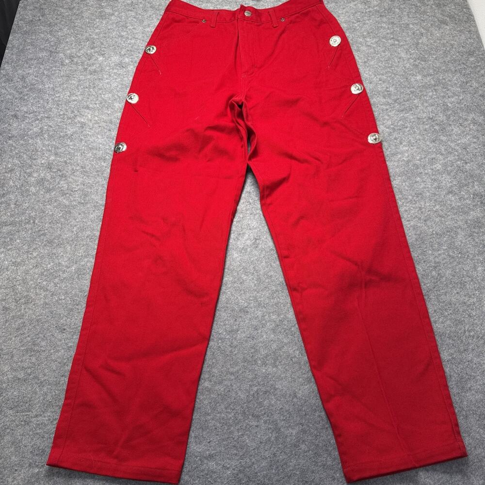 Vintage Circle T Roughrider Western Red Denim Pants With Silver Conchos Sz 15/16
